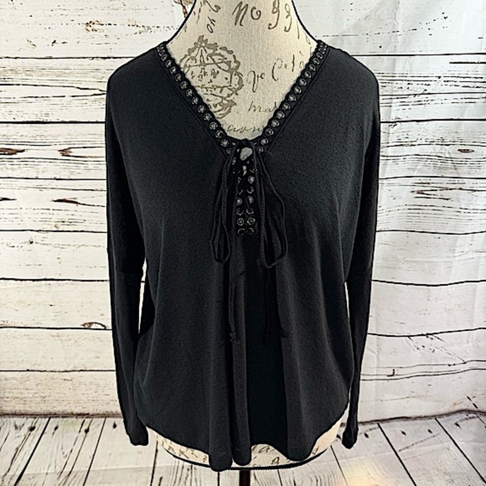 Rock & Republic Linen Blend Top with Grommet and Lace Up Tie Detail Black XS